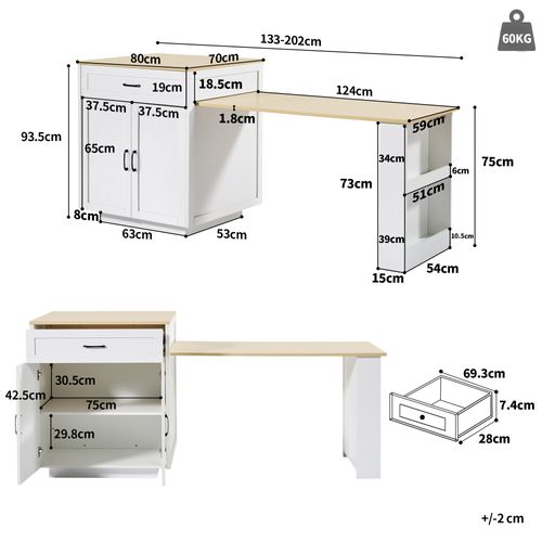 Table Haute Extensible Mdf 133-202×70×93,5 Cm 2 Tiroirs 2 Niches Étagères Latérales, Blanc