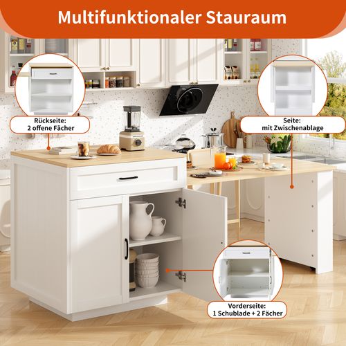 Table Haute Extensible Mdf 133-202×70×93,5 Cm 2 Tiroirs 2 Niches Étagères Latérales, Blanc