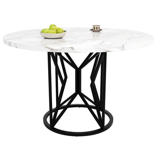 Table Ronde 100x100x76 Cm, Pour 4-6 Personnes, Pieds Géométriques, Plateau Marbré