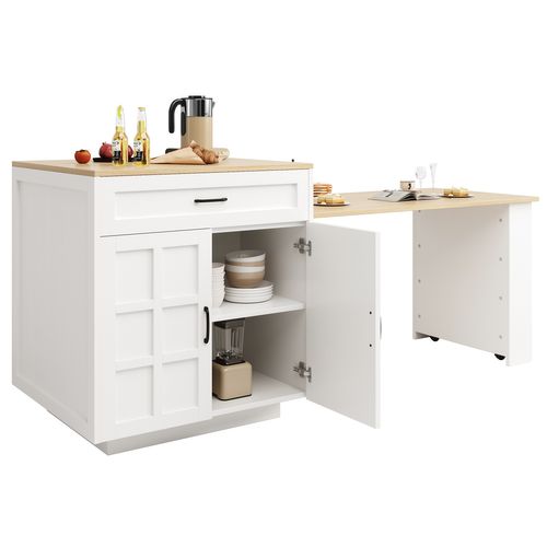 Table De Bar Extensible Mdf 133-202×70×93,5 Cm 2 Tiroirs 4 Niches Étagères Latérales, Blanc