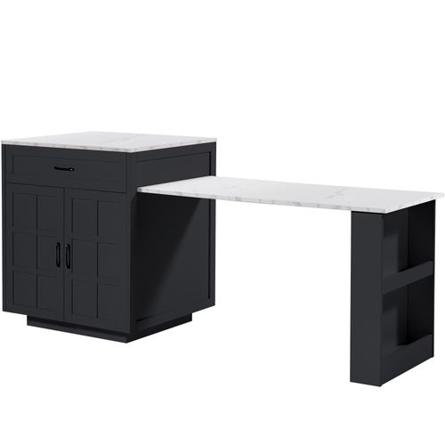 Table De Bar Extensible Mdf 133-202×70×93,5 Cm 2 Tiroirs 4 Niches Étagères Latérales, Noir