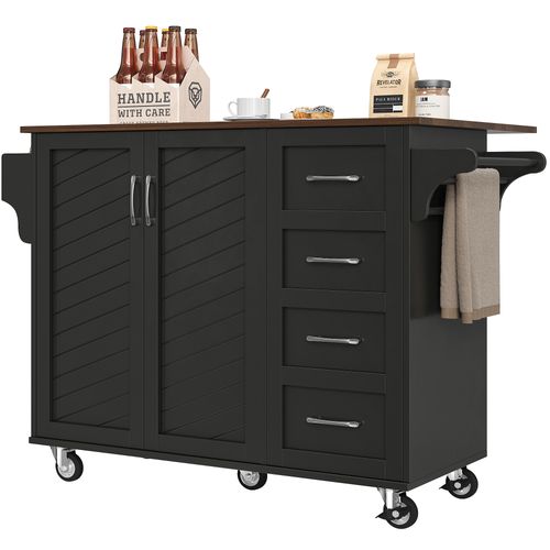 Chariot De Cuisine En Bois Avec Portes En Biais, Plan De Travail, Étagères, Noir