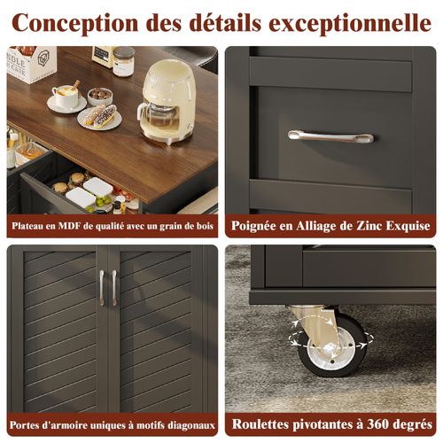 Chariot De Cuisine En Bois Avec Portes En Biais, Plan De Travail, Étagères, Noir