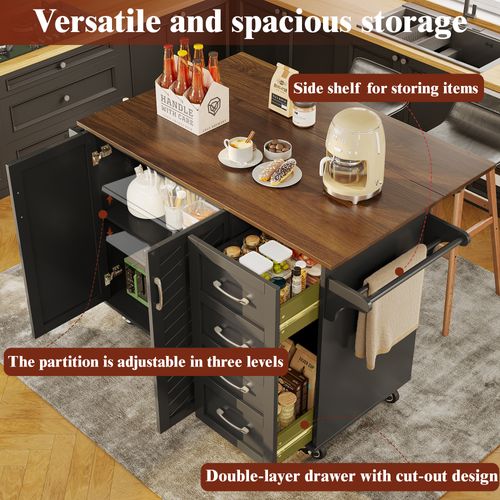 Chariot De Cuisine En Bois Avec Portes En Biais, Plan De Travail, Étagères, Noir