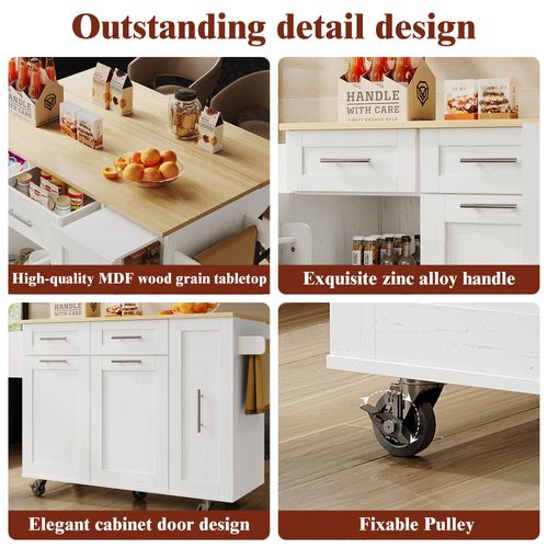 Îlot Cuisine Moderne Mdf Grain Bois Avec Espace Snack, Tiroirs, Étagères, , Blanc