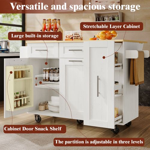 Îlot Cuisine Moderne Mdf Grain Bois Avec Espace Snack, Tiroirs, Étagères, , Blanc