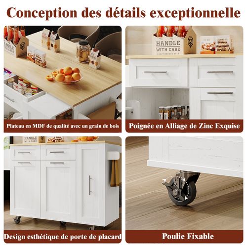 Îlot Cuisine Moderne Mdf Grain Bois Avec Espace Snack, Tiroirs, Étagères, , Blanc
