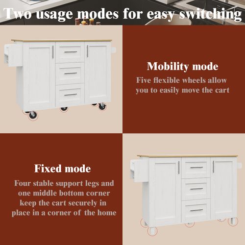 Îlot Cuisine Mdf Amovible Avec Roulettes, Plan Travail, Rangement Serviette, , Blanc