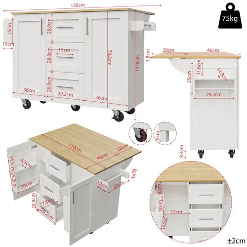 Îlot Cuisine Mdf Amovible Avec Roulettes, Plan Travail, Rangement Serviette, , Blanc