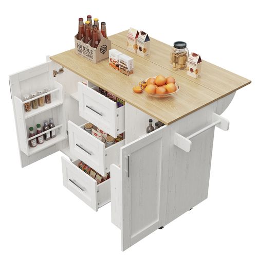 Îlot Cuisine Mdf Amovible Avec Roulettes, Plan Travail, Rangement Serviette, , Blanc