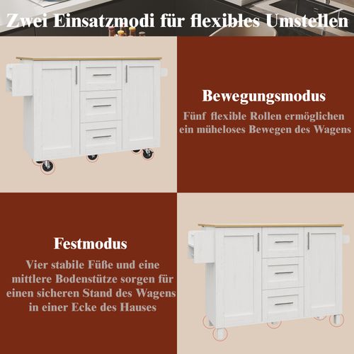 Îlot Cuisine Mdf Amovible Avec Roulettes, Plan Travail, Rangement Serviette, , Blanc