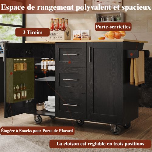 Îlot Cuisine Mdf Avec Roulettes, Plan Bois, Séparateurs Amovibles, , Noir