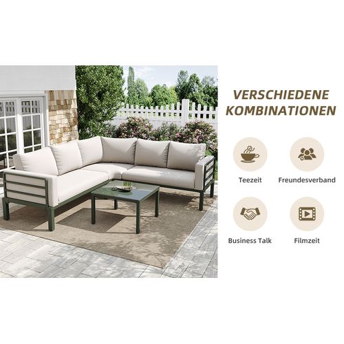 Salon De Jardin Métal Galvanisé 4-5 Places 1 Table Verre Trempé, Coussins Réglables