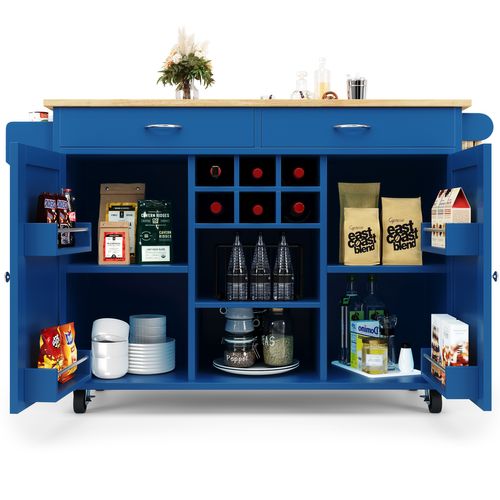 Îlot Cuisine Moderne 102×45×92cm Mdf Bois Avec Étagères Et Placards, , Bleu