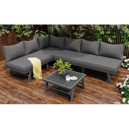 Salon De Jardin Métal 5-6 Personnes 2 Canapés 3 Places, Table, 7 Coussins Inclus