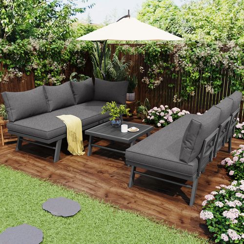 Salon De Jardin Métal 5-6 Personnes 2 Canapés 3 Places, Table, 7 Coussins Inclus