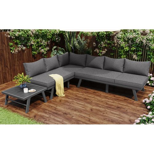 Salon De Jardin Métal 5-6 Personnes 2 Canapés 3 Places, Table, 7 Coussins Inclus