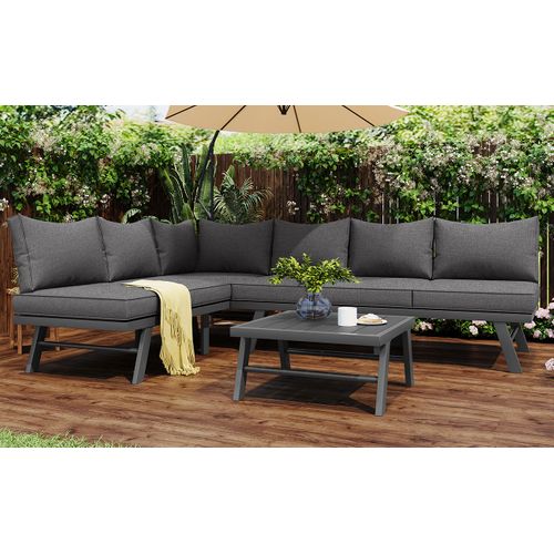 Salon De Jardin Métal 5-6 Personnes 2 Canapés 3 Places, Table, 7 Coussins Inclus