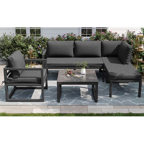 Salon De Jardin Corde Métal 4-5 Places Canapé D’angle, Pieds Réglables, Coussins