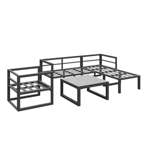 Salon De Jardin Corde Métal 4-5 Places Canapé D’angle, Pieds Réglables, Coussins