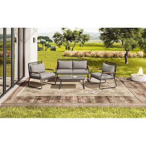 Salon De Jardin 4 Personnes Fer Galvanisé Verre Trempé Coussins Inclus, Gris