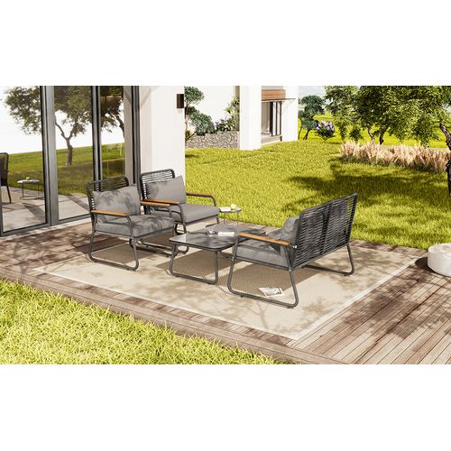 Salon De Jardin 4 Personnes Fer Galvanisé Verre Trempé Coussins Inclus, Gris