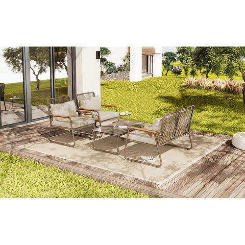 Salon De Jardin 4 Personnes Fer Galvanisé Verre Trempé Coussins Inclus, Beige