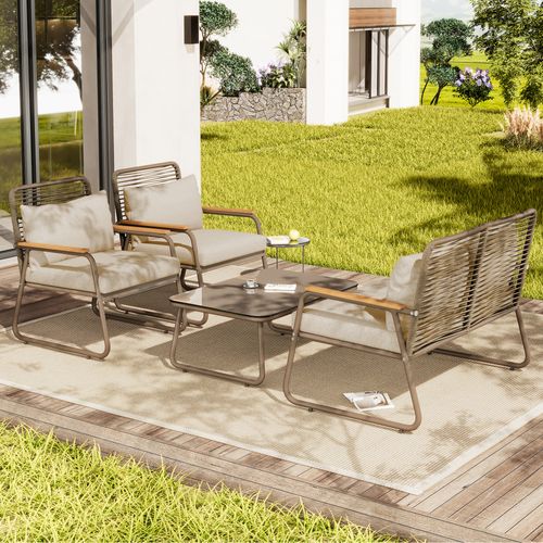 Salon De Jardin 4 Personnes Fer Galvanisé Verre Trempé Coussins Inclus, Beige