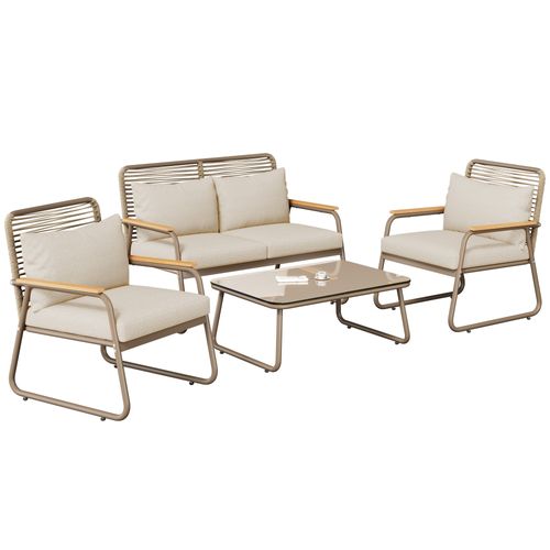 Salon De Jardin 4 Personnes Fer Galvanisé Verre Trempé Coussins Inclus, Beige