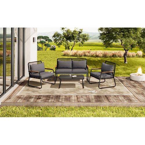 Salon De Jardin 4 Personnes Fer Galvanisé Verre Trempé Coussins Inclus, Noir