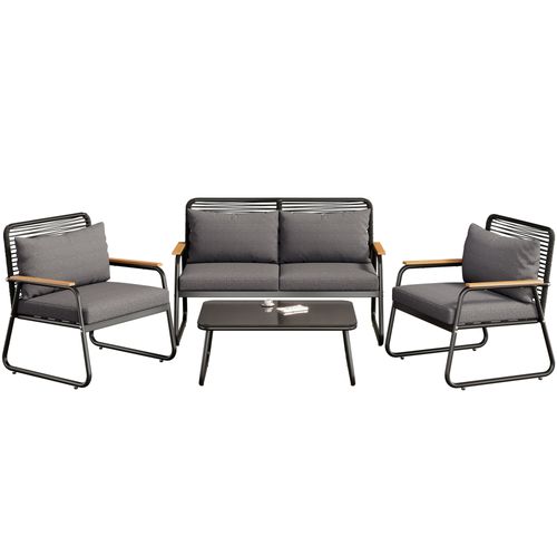 Salon De Jardin 4 Personnes Fer Galvanisé Verre Trempé Coussins Inclus, Noir