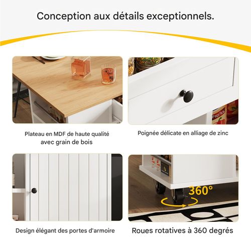 Îlot De Cuisine Avec Plateau Pliable, Rangements, Porte-verres Et Roulettes, Mdf, Blanc