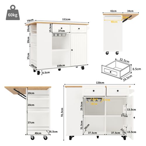 Îlot De Cuisine Avec Plateau Pliable, Rangements, Porte-verres Et Roulettes, Mdf, Blanc
