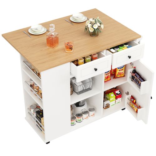 Îlot De Cuisine Avec Plateau Pliable, Rangements, Porte-verres Et Roulettes, Mdf, Blanc