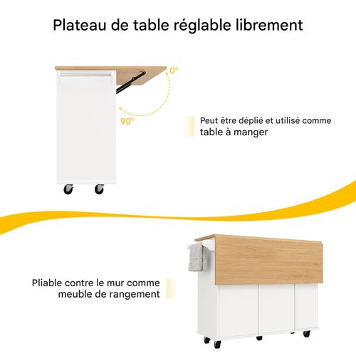 Îlot De Cuisine Avec Plateau Pliable, Rangements, Porte-verres Et Roulettes, Mdf, Blanc