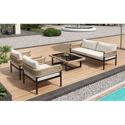 Salon De Jardin Corde Beige Métal 4 Pièces Table Verre, Pieds Réglables, Coussins