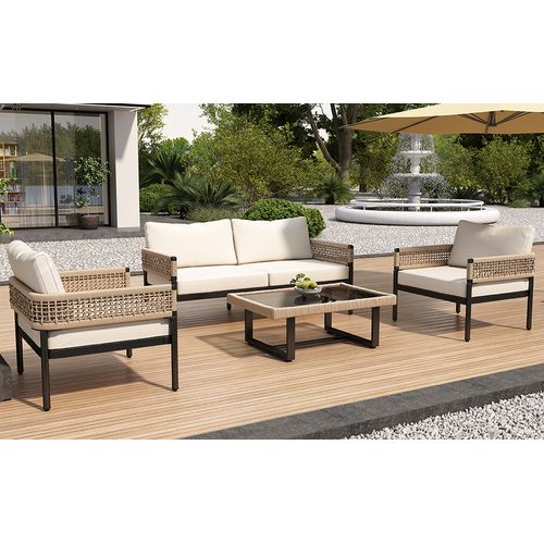 Salon De Jardin Corde Beige Métal 4 Pièces Table Verre, Pieds Réglables, Coussins