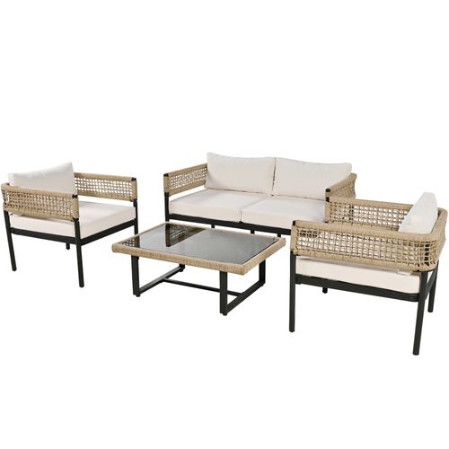 Salon De Jardin Corde Beige Métal 4 Pièces Table Verre, Pieds Réglables, Coussins