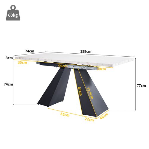 Ensemble Repas Mdf Métal 160×80×75 Cm Table Extensible Pieds Colonne ,blanc