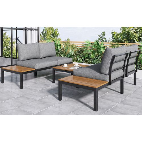 Ensemble De Jardin 2 Canapés, 2 Tables D'appoint, 1 Table, Acacia Massif, Coussin Gris