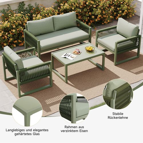 Salon De Jardin Corde Verte Métal 4 Pièces Table Verre, Pieds Réglables, Coussins