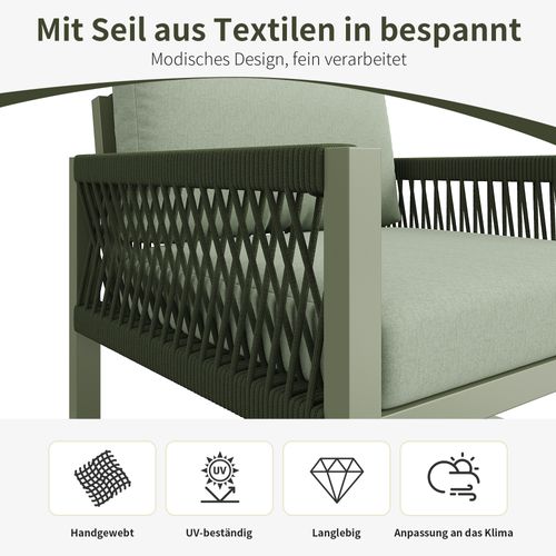 Salon De Jardin Corde Verte Métal 4 Pièces Table Verre, Pieds Réglables, Coussins