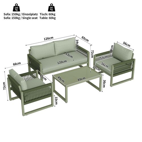 Salon De Jardin Corde Verte Métal 4 Pièces Table Verre, Pieds Réglables, Coussins