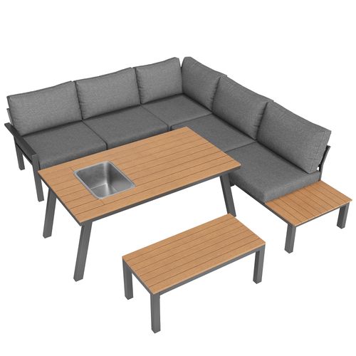 Salon De Jardin Métal 6-7 Personnes Table Avec Seau à Glace, Mobilier Repas