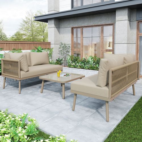 Salon De Jardin Métal 3 Pièces Canapé En L, Pieds Réglables, Coussins Inclus