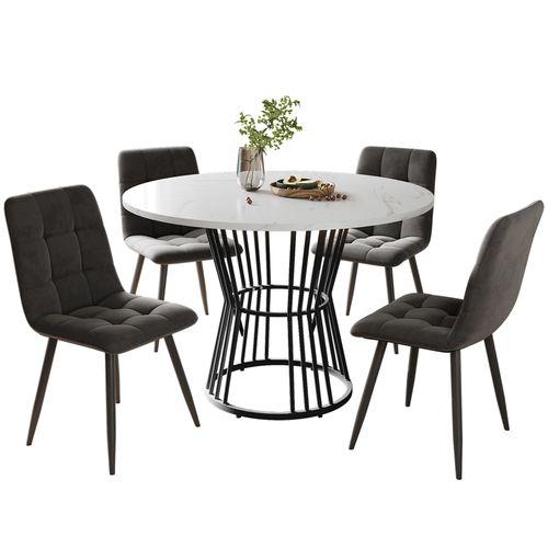 Ensemble Repas Mdf Métal 100 Cm Table Ronde Avec 4 Chaises ,gris Foncé