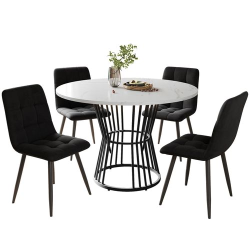Ensemble Table à Manger Mdf Blanc Métal Noir 5 Pièces Avec 4 Chaises Velours Noir