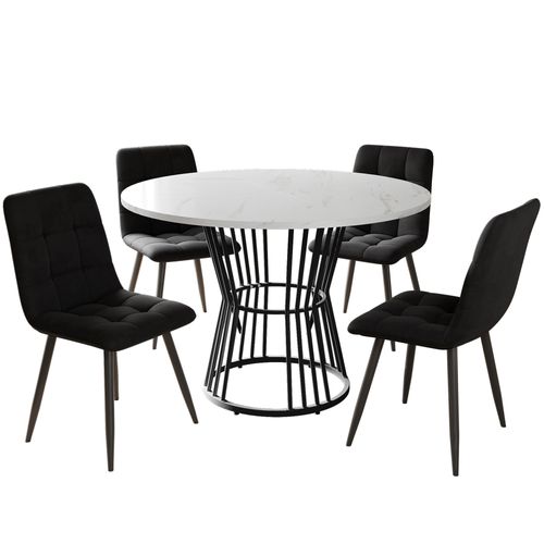 Ensemble Table à Manger Mdf Blanc Métal Noir 5 Pièces Avec 4 Chaises Velours Noir