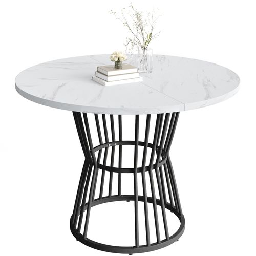 Table De Cuisine Blanche Avec Pieds Métalliques, Cadre Stable, Plateau Marbré