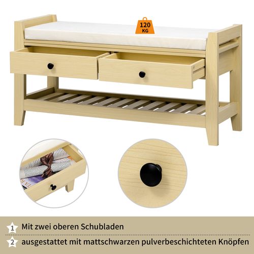 Banc à Chaussures Moderne En Bois Naturel Avec Coussins Souples, Rangement Pour L'entrée